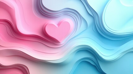 A vibrant composition featuring a heart cutout nestled between flowing waves of pink and blue paper-like textures. This artistic design symbolizes love and emotions, showcasing a blend of colors that 