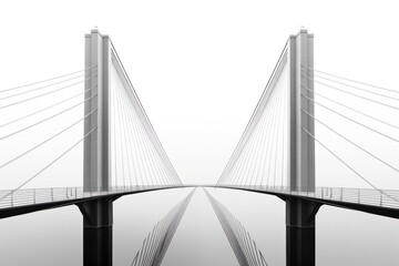 A suspension bridge with sleek cables stretching between two tall towers, minimalistic design against a plain white background