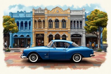 Fototapeta premium Old-school Singapore street scene, drawn with faded colors and nostalgic details