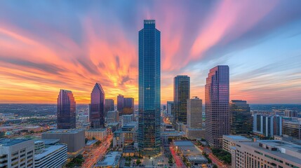 view of the city with buildings and skyscrapers against a colorful sky