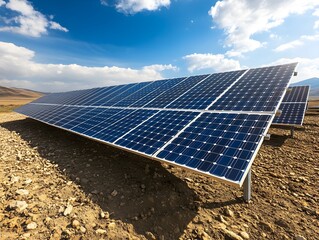 Solar Panels Reflecting Blue Sky and Cloudy Landscape