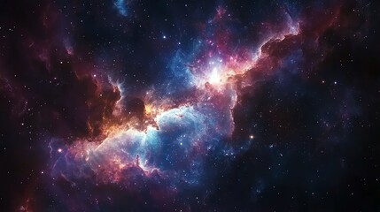 Naklejka premium A cosmic nebula with swirling clouds of gas and dust in shades of blue, pink, and orange, illuminated by distant stars.