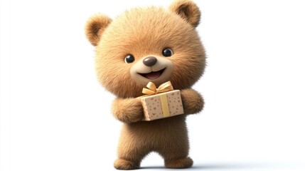 A cute cartoon teddy bear holding a gift box with a yellow ribbon on a white background.