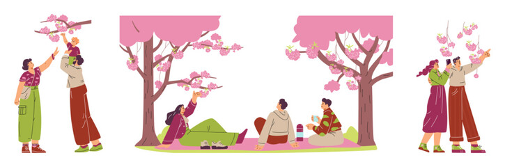 A spring vector collection with family, friends and a young couple celebrating the cherry blossom