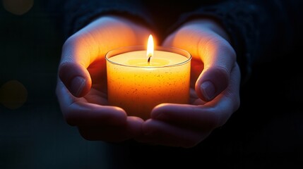 Under the soft glow of twilight, a person cradles a beautifully lit candle, radiating warmth and tranquility. The scene captures a peaceful moment, inviting reflection and serenity during a gentle eve