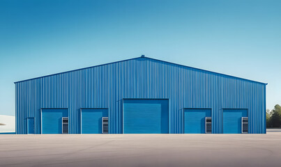 Fototapeta premium A large blue metal building with multiple doors stands on a paved lot against a clear blue sky