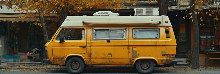 A vintage yellow camper van is parked beside charming shops with autumn leaves carpeting the street under a clear sky