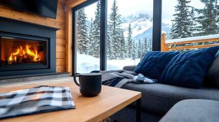 Cozy winter cabin with a roaring fireplace and snow covered trees outside offering a peaceful and serene retreat in the heart of a picturesque mountain landscape