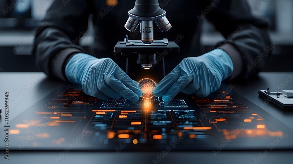 Poster Close up view of a lab technician s gloved hands carefully inserting a glass slide under the of a digital microscope surrounded by a futuristic holographic data display
