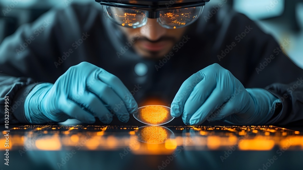 Poster close up of a lab technician s gloved hands carefully inserting a glass microscope slide into a high