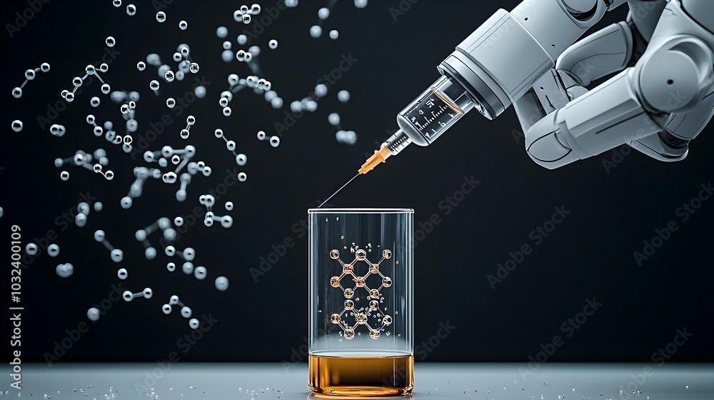 Poster futuristic robotic arm holding a syringe and injecting a glowing liquid substance into a test tube f