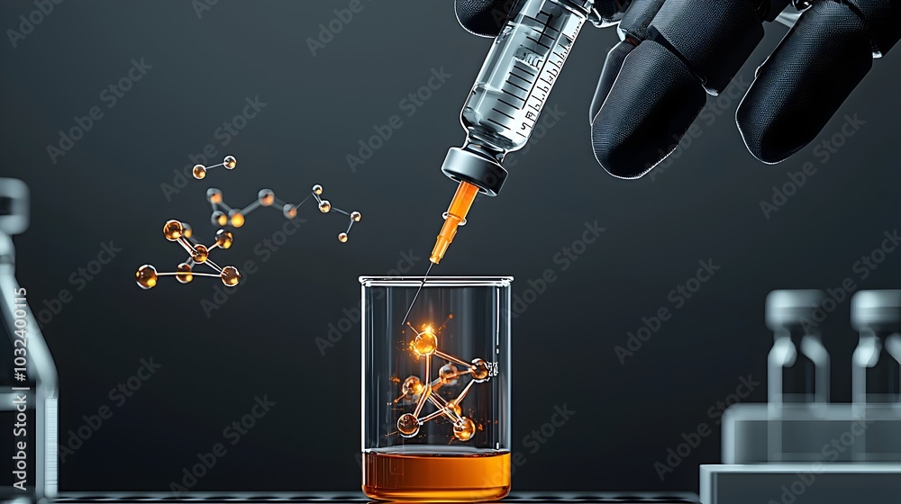 Poster a futuristic robotic arm holding a syringe injecting a glowing liquid into a test tube with intricat