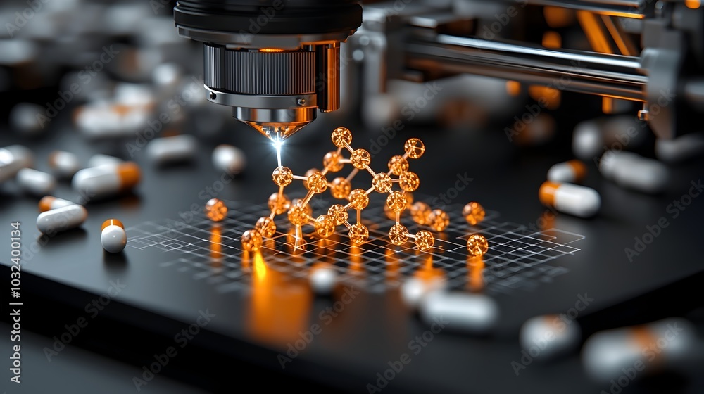 Aufkleber molecular structure being built in a 3d printer with laser beams scanning the area and a glowing mod