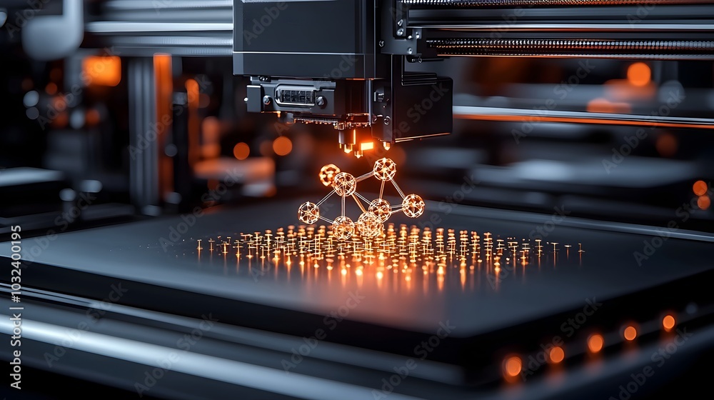 Aufkleber a molecular structure being constructed in a 3d printer with laser beams scanning the area and a glo