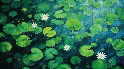 An overhead view of a lotus pond featuring multiple leaves scattered with sparkling dewdrops, reflecting the calm and peaceful atmosphere following a rainfall