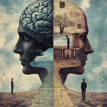Surreal conceptual art of human mind, psychology, duality, intelligence, creativity, abstract brain illustration, deep thought, self-reflection, philosophical symbolism

