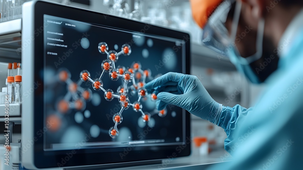 Poster detailed 3d digital touchscreen display showcasing a complex model of a new drug molecule being mani