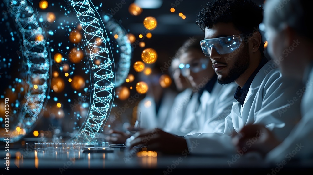Poster a group of scientists gathered around a table intently examining holographic projections of dna stra