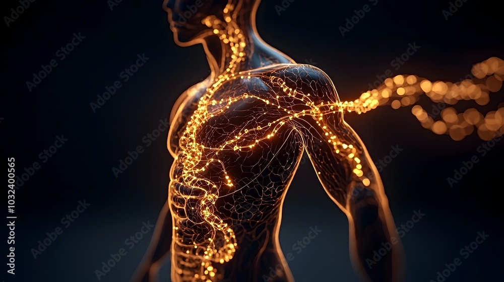 Poster time lapse sequence depicting the journey of a drug through the human body with glowing pathways rep