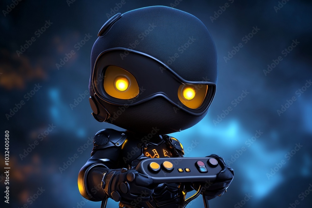 Poster retro pixel art character holding a joystick, with animated blinking eyes