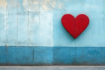 A bold red heart shape stands out against a blue wall, adding a splash of color to the urban landscape. The artwork symbolizes love and creativity in a city environment, making an artistic statement a