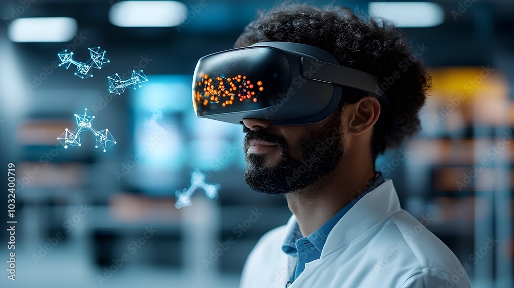 Poster pharmaceutical researcher wearing an augmented reality headset surrounded by floating 3d molecular s