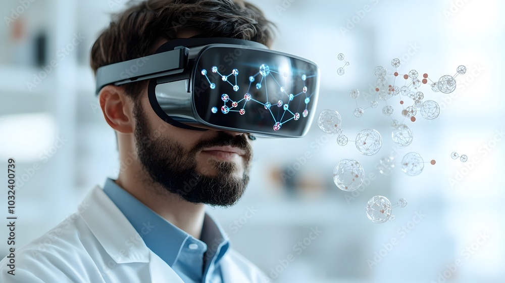 Poster pharmaceutical researcher using augmented reality headset to visualize 3d molecular interactions and
