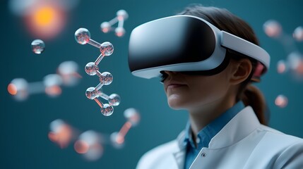Pharmaceutical researcher using an augmented reality headset to visualize complex molecular structures and drug interactions in a 3D virtual environment