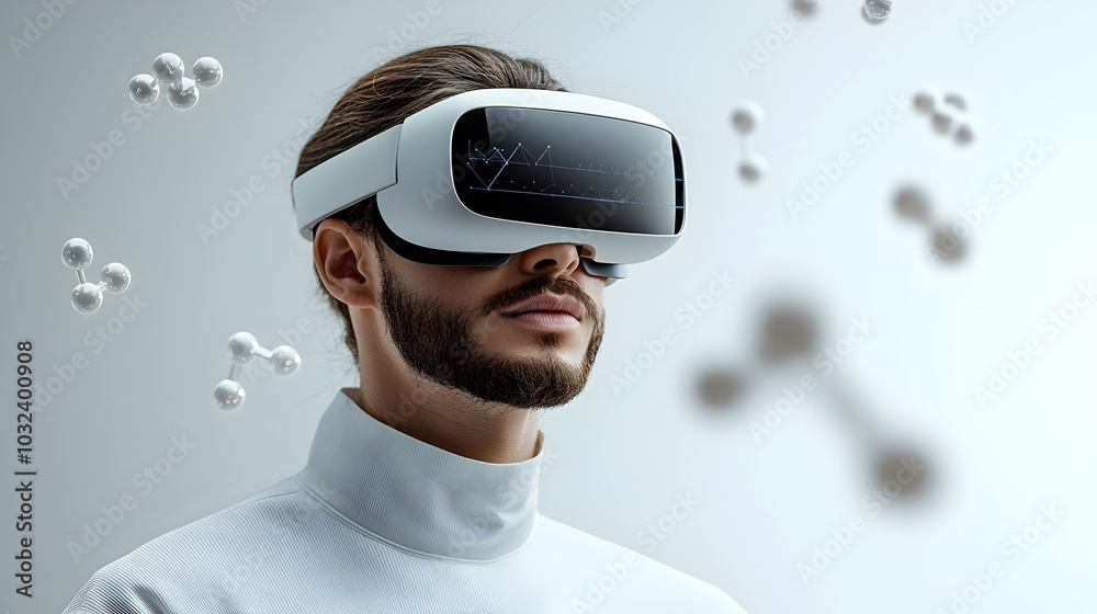 Poster pharmaceutical researcher using augmented reality headset to visualize complex 3d molecular structur