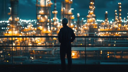 Fototapeta premium Engineer inspecting in industrial oil refinery, stand with back Industry 4.0 concept, Background blurred concept