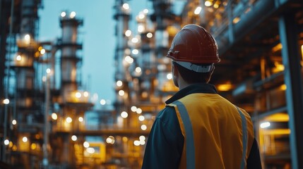 Engineer inspecting in industrial oil refinery, stand with back Industry 4.0 concept, Background blurred concept