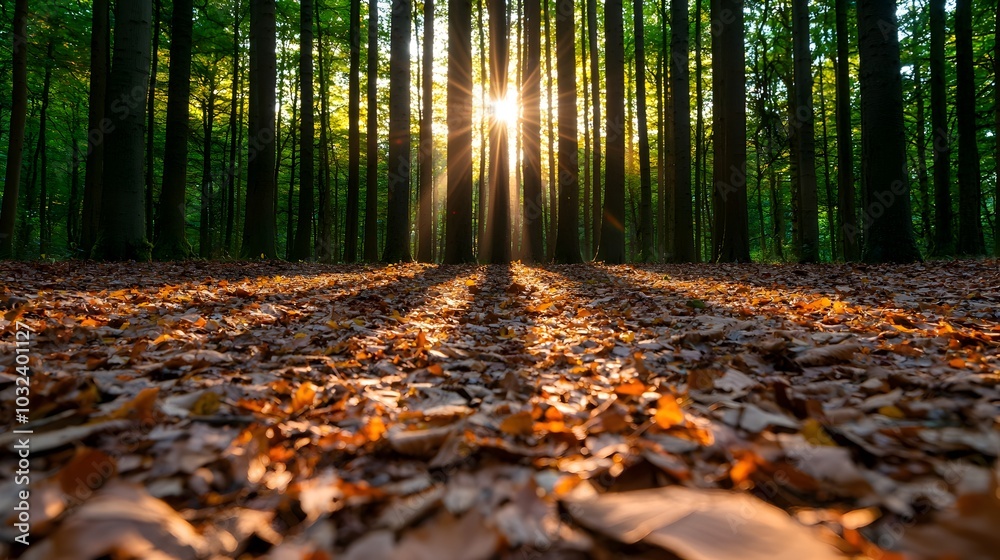 Aufkleber Soft warm sunlight filtering through the canopy of an autumn forest casting a gentle dappled glow on the ground covered in a carpet of fallen leaves  A tranquil