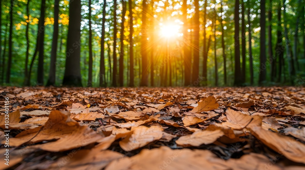 Poster warm sunlight streaming through a serene forest casting soft dappled shadows on the ground covered w