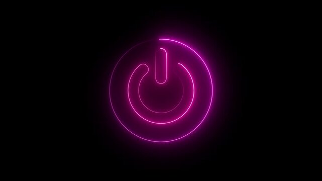 Glowing neon line Power button icon isolated on black background. Neon glowing power button icon animation on isolated black background, power off and on button, alpha channel.
