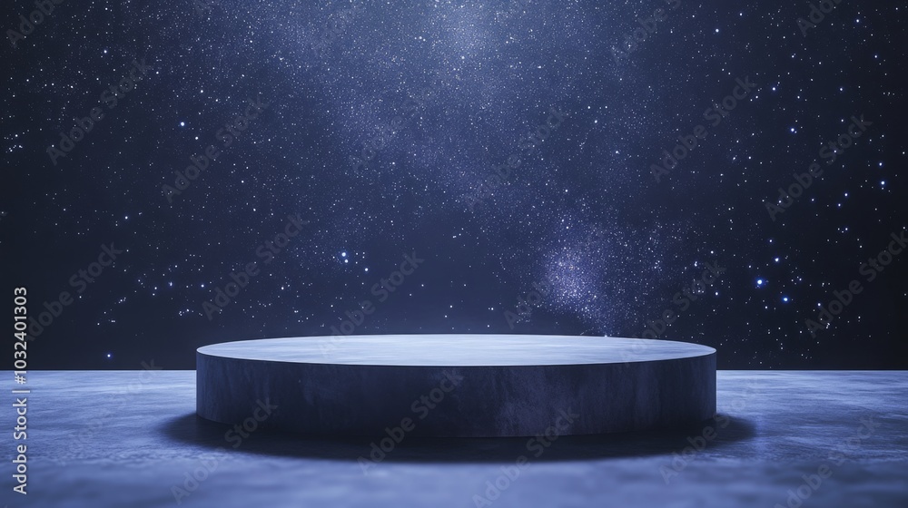 Poster a circular platform sits on a smooth surface, surrounded by a breathtaking expanse of twinkling star