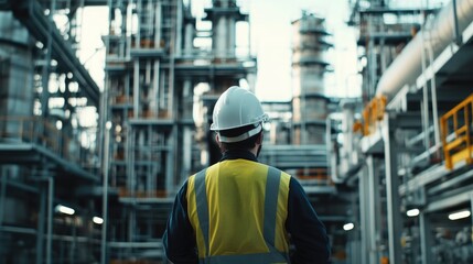Engineer inspecting in industrial oil refinery, stand with back Industry 4.0 concept, Background blurred concept