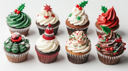 Festive Christmas Cupcakes on White Background