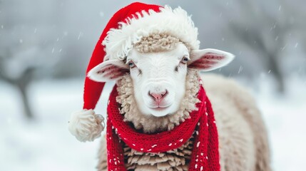 A sheep in a Santa hat and red scarf on a snowy white background