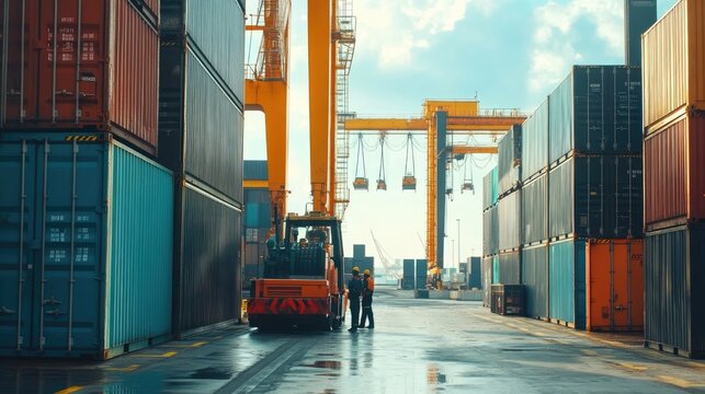 Engineers are overseeing the transportation of cargo with containers, Container in export and import business and logistics