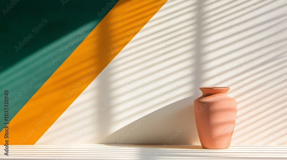 Poster Geometric shadow pattern created by sunlight passing through window blinds and casting intricate shadows on a plain white wall creating a minimalist architectural and visually striking image