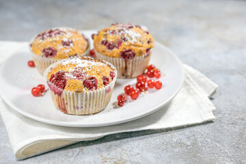 Muffins baked with berries like red currants and sprinkled with powdered sugar on a white plate, homemade pastry as a fruity summer dessert, copy space, selected focus,