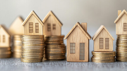Stack of coins and wooden houses on a grey background, a concept for the real estate business and home consumption