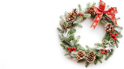 Festive Christmas Wreath with Red Bow on White