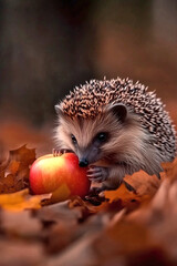 Fototapeta premium Hedgehog brown spines, tiny paws grasping red apple among orange autumn leaves.