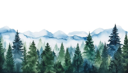Fototapeta premium mountain landscape with fog watercolor isolated on transparent background cutout