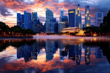 Naklejka premium Singapore skyline in watercolor, with misty reflections on the water