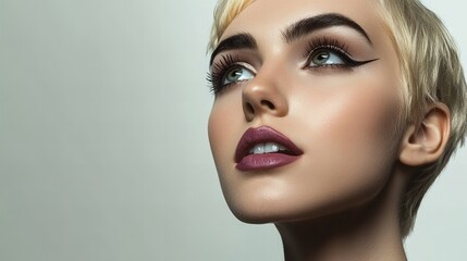 Fototapeta premium A young woman with short blonde hair gazes upwards with a dramatic makeup look featuring bold eyeliner and plum-colored lips.