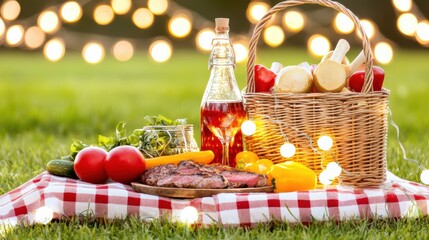 Summer Picnic Setup with Food and Decorative Lights