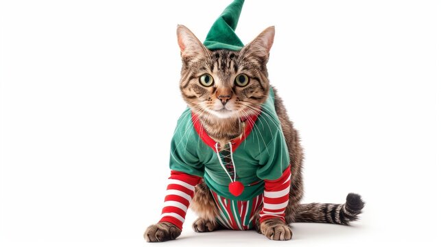 A tabby cat in an elf costume complete with pointy hat and striped leggings isolated on white background
