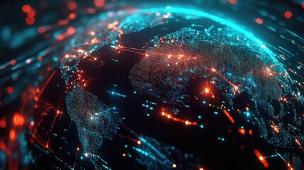 Holographic globe with network nodes, world connection, international business